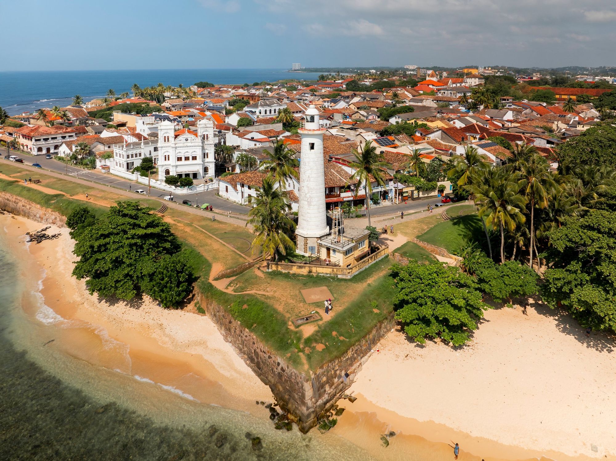 Galle Fort from the air: ramparts, lighthouse and beach on the headland