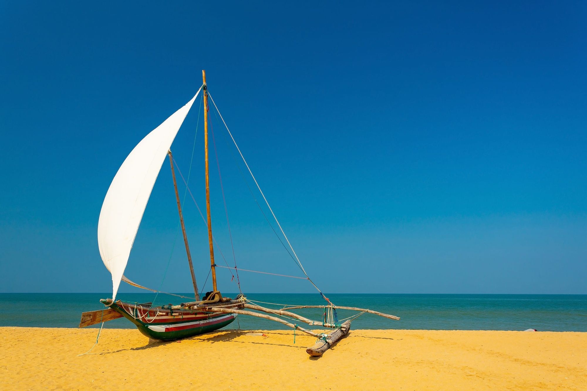 An outrigger fishing boat with a white sail drawn up on Negombo beach