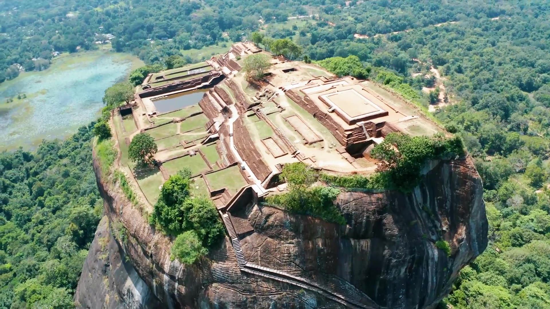 The ruins on the flat summit of Sigiriya rock, close from the air