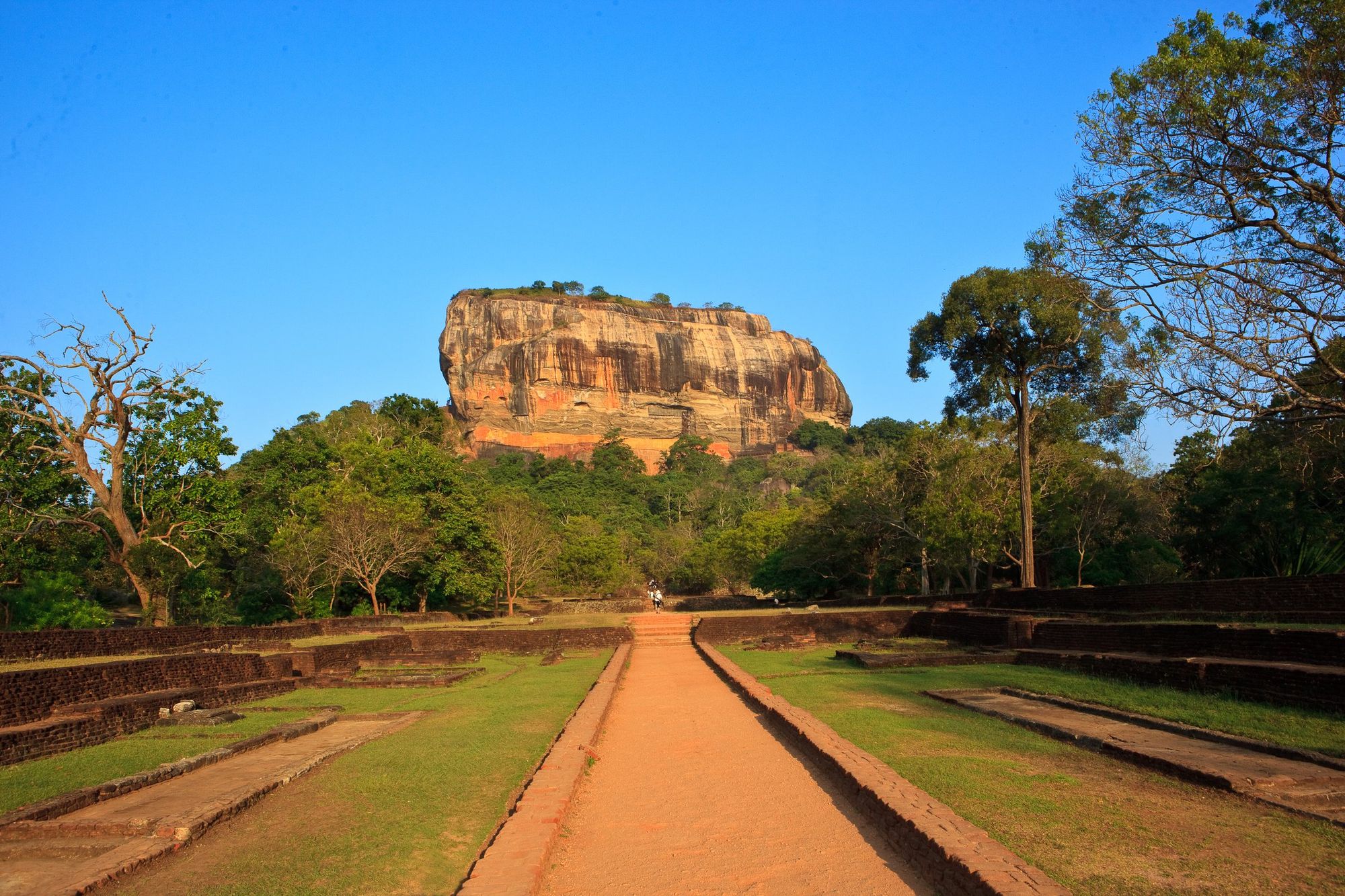 Sigiriya rock rising above the trees at the end of the straight path through its water gardens, under a clear blue sky