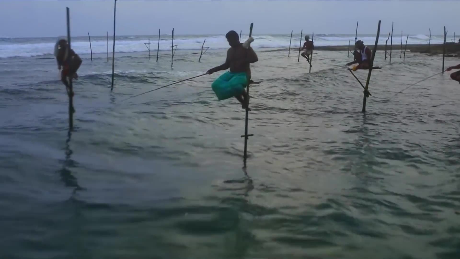 Stilt fishermen on their poles in the surf, rods out